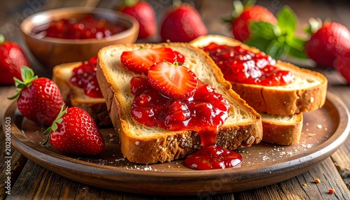 Toasted Bread with Strawberry Jam and Fresh Berries on Rustic Wooden Table