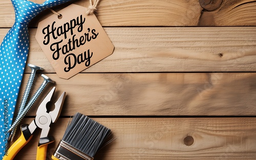Blue polka dot necktie with metal screws pliers and a paint brush on a rustic wooden background for fathers day celebration