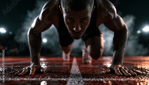 A muscular male athlete crouches in a low starting position on a wet red running track during a nighttime sprint race under bright stadium floodlights at night