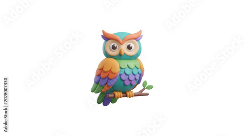 Vibrant 3d Cartoon Owl On Branch Playful Clay Style Art