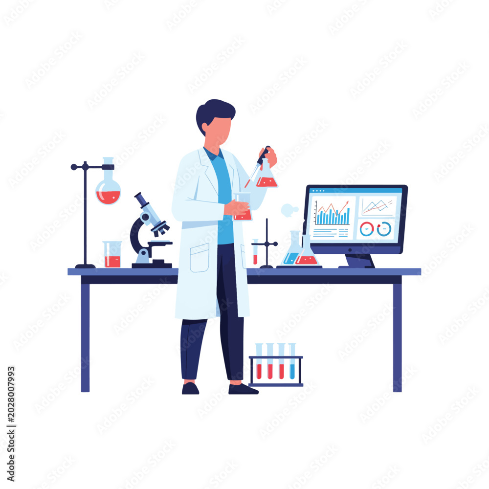 Fototapeta premium Medical researcher performing chemical experiment using pipette with microscope and digital data monitor.