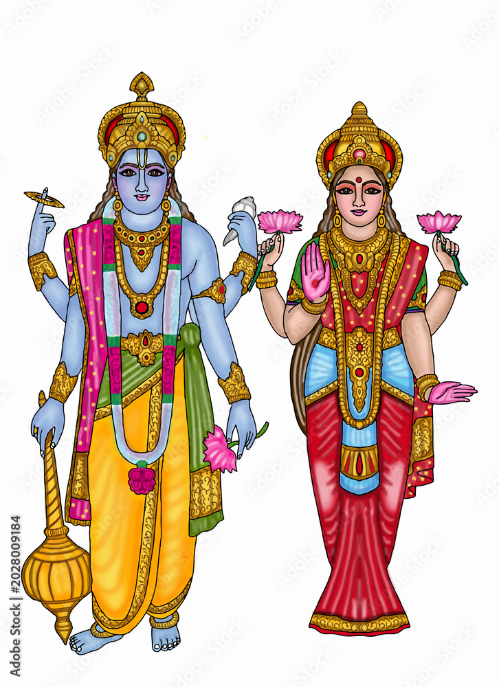 Obraz premium hand drawn digital art of goddess lakshmi and vishnu