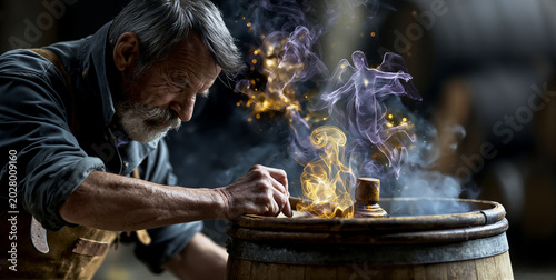 Foto Inspecting whiskey barrel