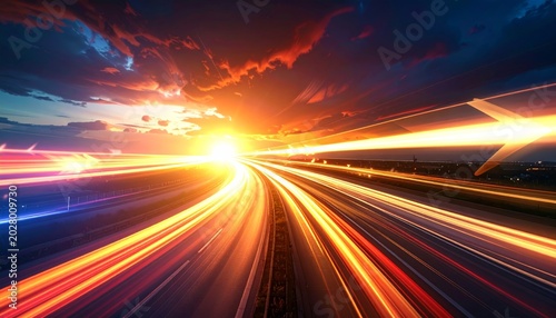 Vibrant cityscape with colorful light trails at sunset.