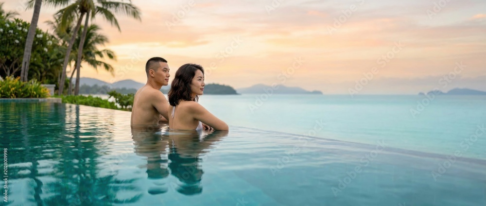 Fototapeta premium Asian couple relaxing in resort infinity pool looking at tropical ocean sunset
