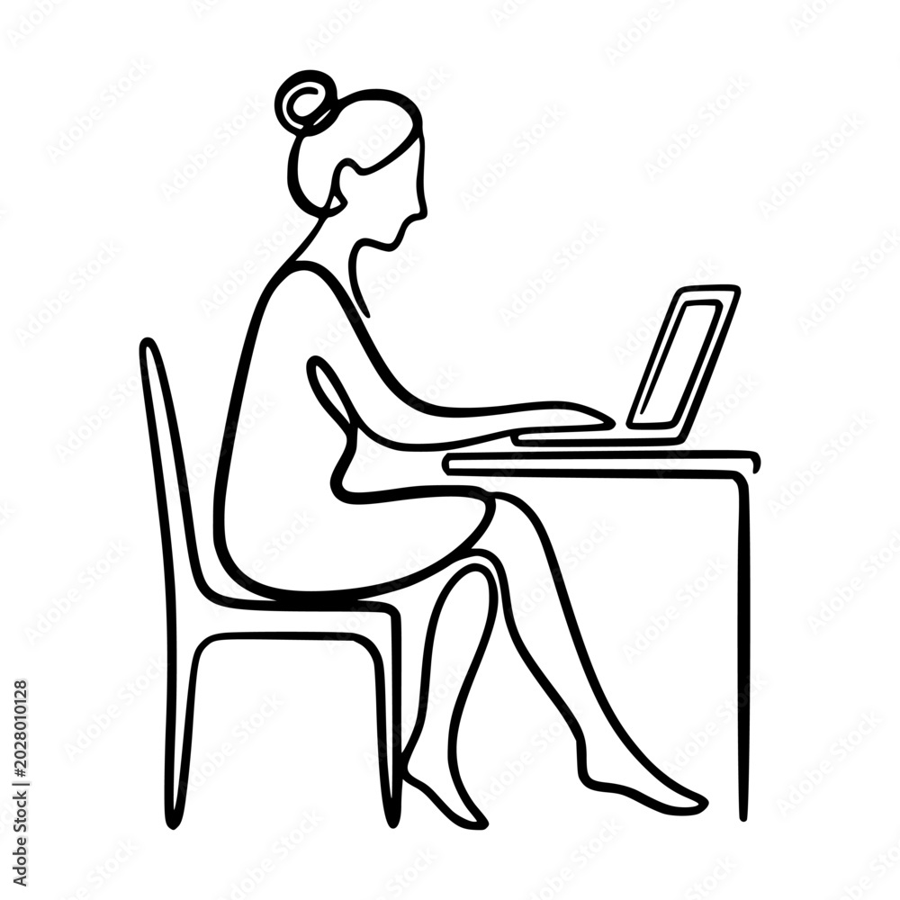 Fototapeta premium Minimalist lineart shows a woman using a laptop at a desk on white background, concept of productivity and modern work. Concept of freelancing and working from home