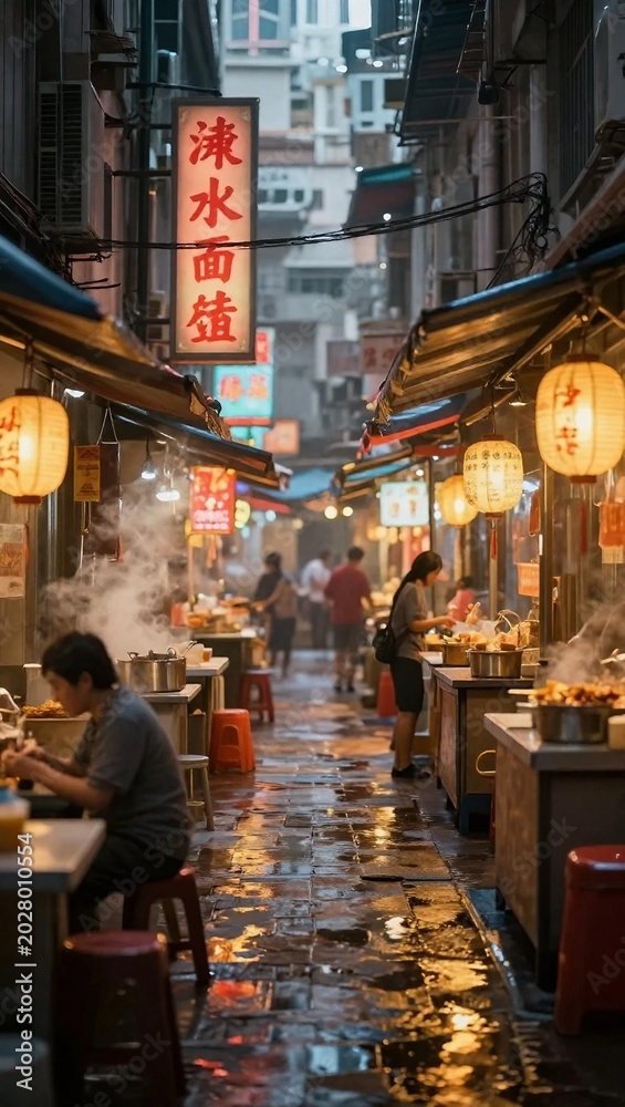 Naklejka premium Bustling Asian Night Market Alley with Steaming Food Stalls and Glowing Lanterns