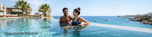 Couple smiling in luxury infinity pool overlooking blue sea at tropical resort