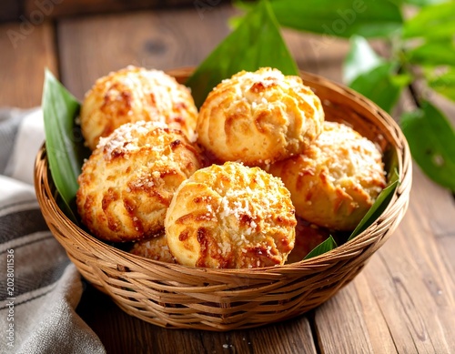 Golden Cheese Bread Rolls Arranged in Wicker Basket on Rustic Wooden Table