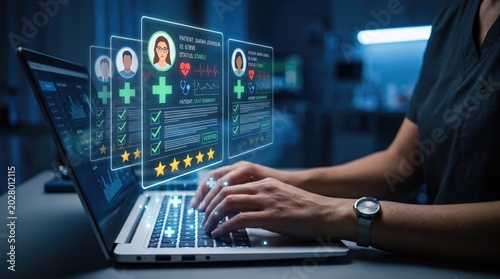 Futuristic digital healthcare records on laptop screen, medical professional managing patient data profiles, electronic health record system interface