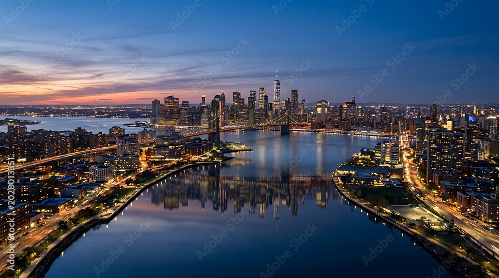 Fototapeta premium Evening city skyline reflecting on calm river surface with reflection, twilight