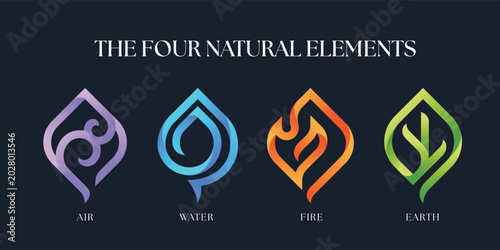 The Four nature elements - air water fire and earth with line curve and leaf shape on dark blue background vector design