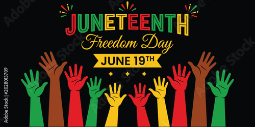 Foto Juneteenth freedom day celebration graphic with raised hands and vibrant colors