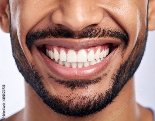 Close Up Smiling Bearded Man Showing White Teeth in Bright Studio Portrait