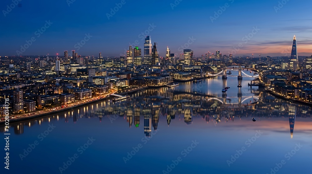Obraz premium Aerial city skyline overlooking river at dusk with twilight, reflection