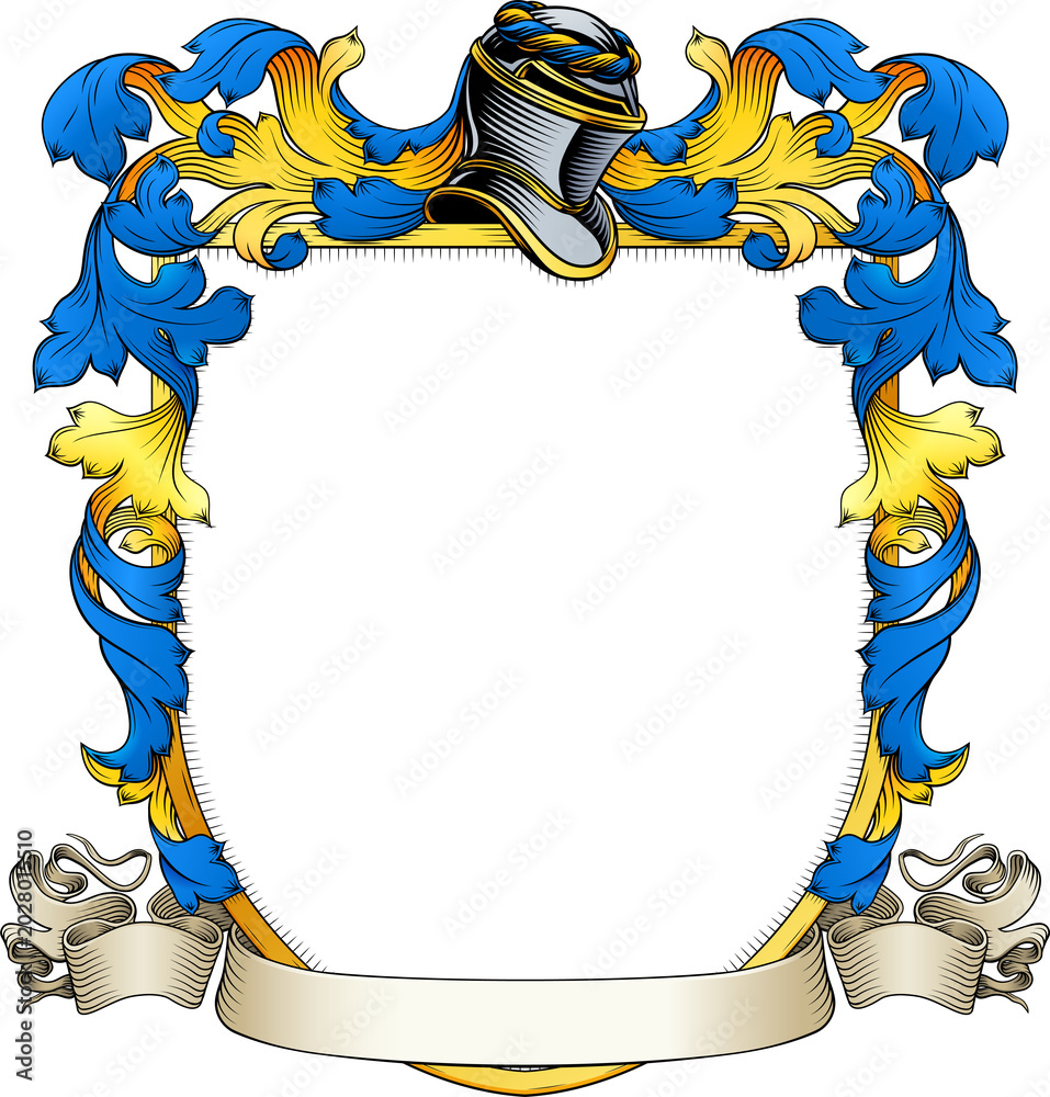 Obraz premium A coat of arms or crest family heraldry medieval heraldic knight shield with helmet and acanthus filigree scroll ornament in a vintage woodcut style.