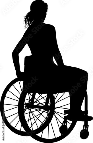 Silhouette illustration of a woman seated in a wheelchair, viewed from the side with hair tied back. Represents accessibility, independence, and adaptive mobility solutions.