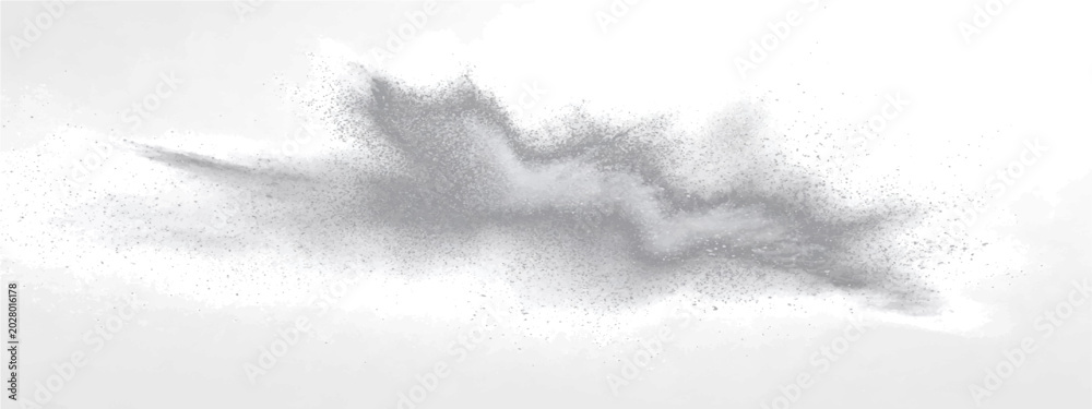 Obraz premium Abstract dynamic particle explosion captured mid-air, fine grey dust dispersing, creating ethereal wisps against minimalist backdrop.