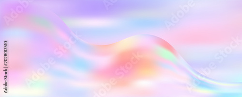 Fotografie Holographic 3D background with flowing pink and purple gradient waves, abstract glass ribbons creating mesmerizing liquid patterns with pearlescent rainbow shimmer and pastel aurora