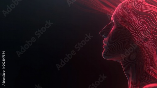 Radiant Spirit: A profile view of a woman's head illuminated in vibrant red, her hair flowing like streams of light against a dark, ethereal backdrop.