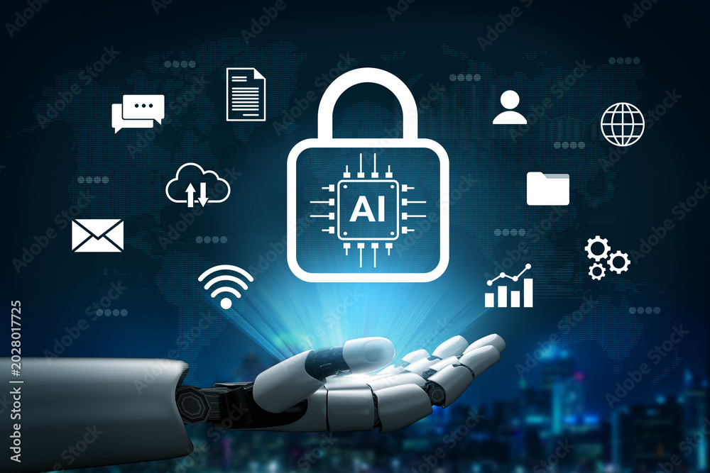 Fototapeta premium A robotic hand showcases an AI security lock icon amidst various digital technology symbols, representing the fusion of security and technological innovation in modern society. Gantry