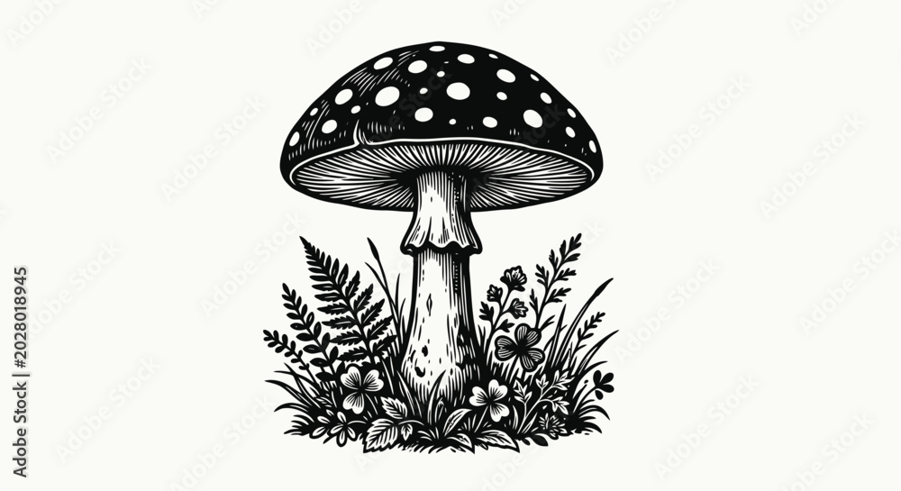 Obraz premium Fly agaric mushroom illustration with ferns and wildflowers