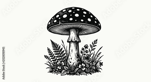 Foto Fly agaric mushroom illustration with ferns and wildflowers