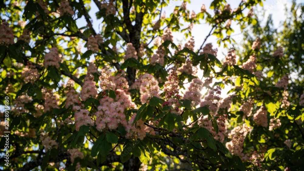 Fototapeta premium Pink chestnut blossoms glowing against backlit spring canopy
