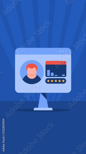 Customer analytics visualization on digital screen, dynamic human avatar, interactive graph bar and star rating indicates performance KPI.