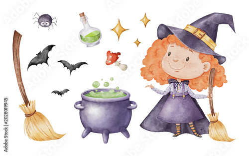 Watercolor Halloween character set with cute witch, cauldron, broom, bat and magic elements 