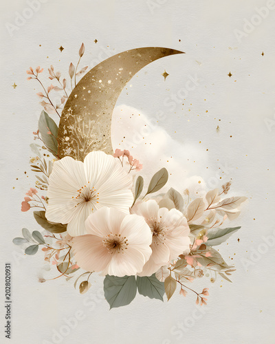 Flowers and moon with soft colors in a calm floral design using pastel shades and gentle patterns showcasing creativity and nature coming together