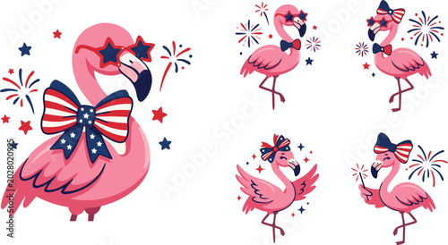 Patriotic pink flamingos with american flag bows and fireworks on white background