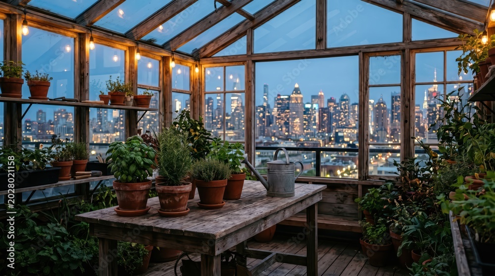 Fototapeta premium Rooftop greenhouse filled with potted plants overlooking city skyline