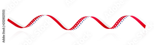 Wavy American patriotic ribbon in red, white and blue colors with stars and stripes, isolated on white background. Decorative holiday symbol for Independence, Memorial, Veterans, labor or voting day