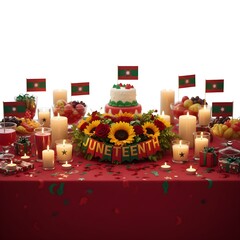 Juneteenth celebration table with candles fruits gifts and festive decorations.