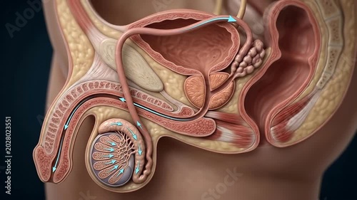 Reproductive system flow: sperm navigation, male development, internal anatomy, body process, gamete journey, human view, testis structure, organ network.