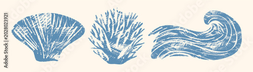 Konstfotografi Scallop shell, coral and wave vector trio — rustic woodcut silhouettes on cream,