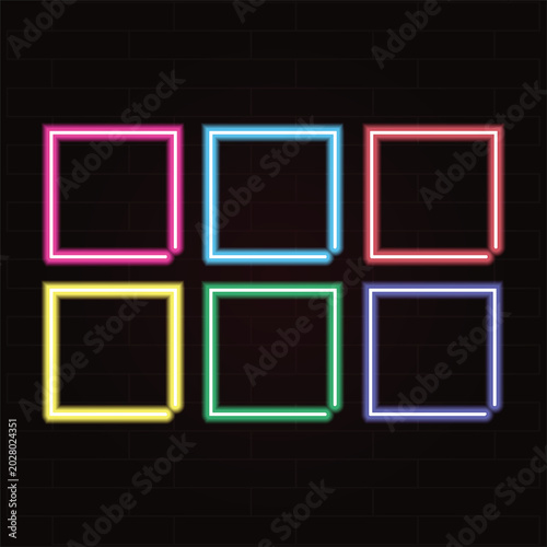 Bild auf Leinwand Neon square frames set on black brick wall background, glowing colorful light bo