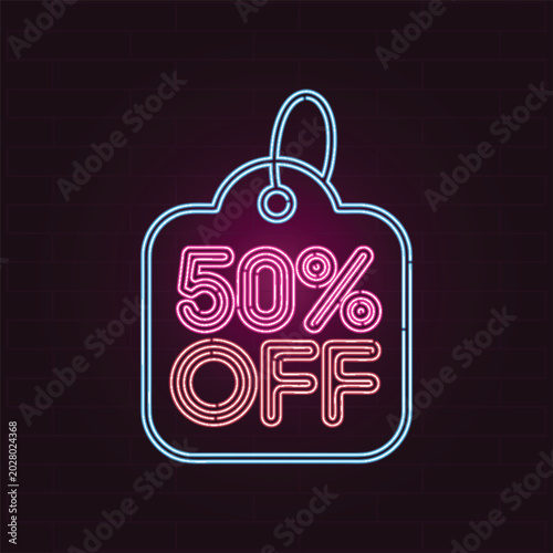 Canvas Print Neon sale tag vector with 50% off text, glowing pink and blue discount label on