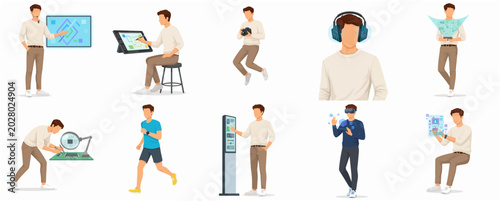 Illustration set of a modern man engaged in various professional and leisure activities such as VR gaming, photography, digital design, presenting, sports, and electronics repair.