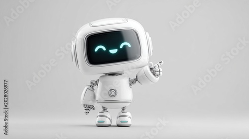 Friendly cartoon robot with a happy face pointing upwards on a clean background