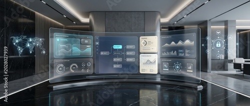 Futuristic holographic dashboard with global data visualization and analytics in a modern office setting