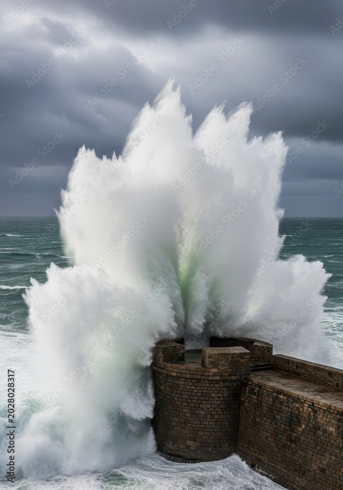 Obraz premium Massive Ocean Wave Crashing Against Stone Sea Wall During Stormy Weather with Dramatic Splash and Dark Clouds