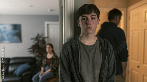 Shameful teenage boy in a home doorway after disappointing his parents, with mother seated in the hallway and father turned away realistic scene
