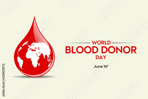 World Blood Donor Day vector banner featuring a glossy red blood drop with a stylized white earth map inside on a clean off white background.