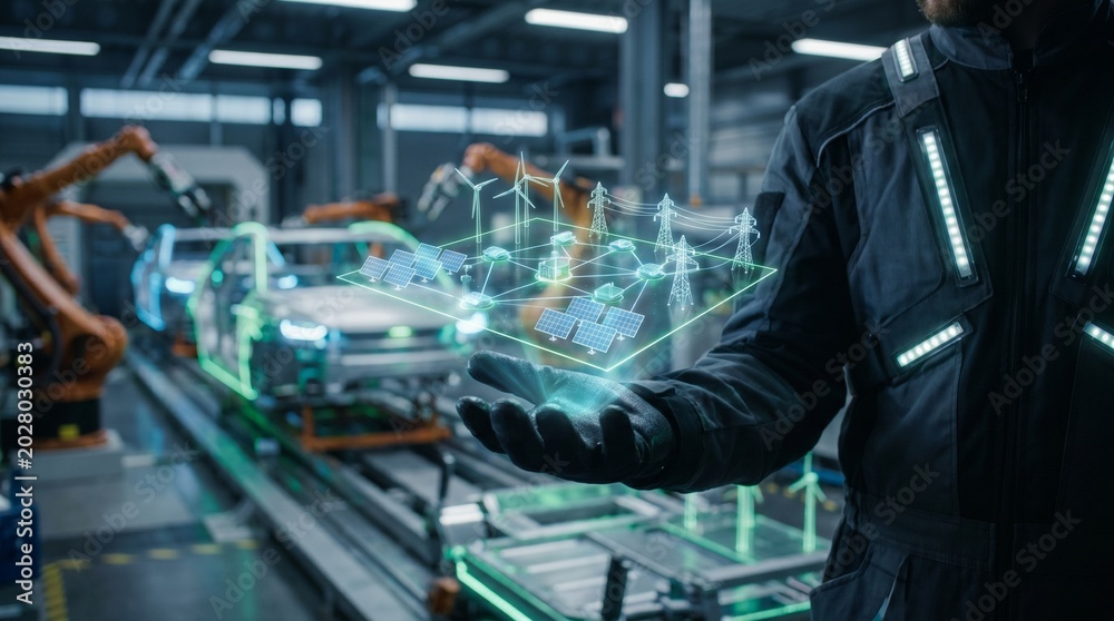 Obraz premium Worker Holding Smart Grid Hologram in Automated Car Factory