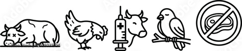 Set of farm animal icons and health safety symbols