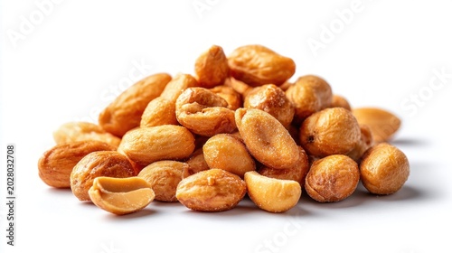 Pile of roasted peanuts with a light salt coating, isolated on a white background