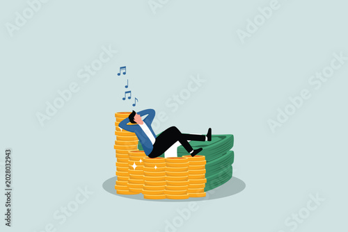 Canvas Print Successfully reaping investment profits, the concept of early retirement due to financial independence, a rich and happy entrepreneur lying down singing on a pile of coins and banknotes