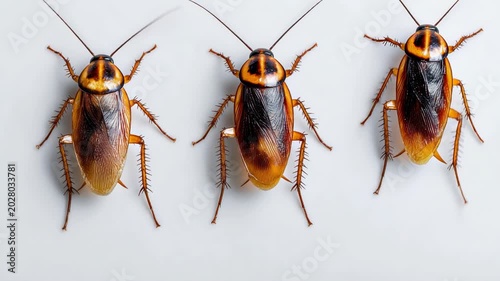 Top view of three brown cockroaches aligned on clean white background